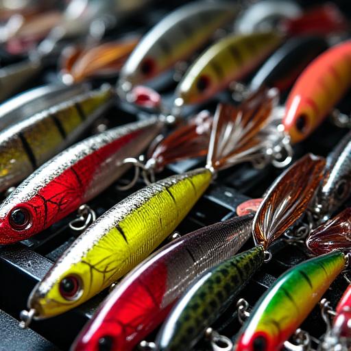 A colorful assortment of fishing lures in a tackle box.